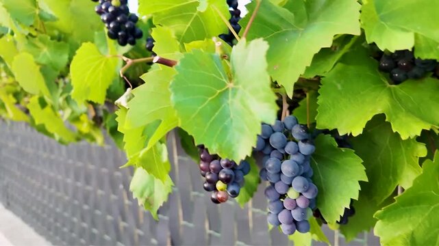 Close-up view of clusters of deep purple grapes ripening on the vine amidst vibrant green foliage on a sunny day.