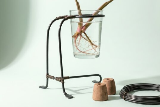 Root cutting in glass water stand with terracotta pots