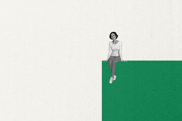 Contemporary image art collage of happy businesswoman businessman stand mockup geometric figure...