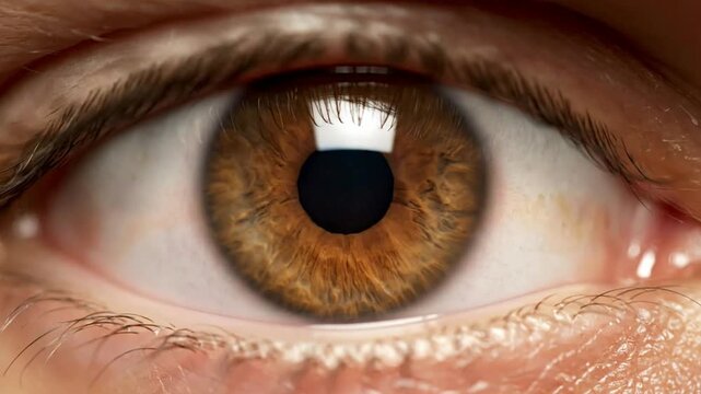 Close-up of human eye showing pupil dilation and sensitivity to light in clinical setting
