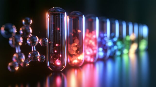 The process of drug development is shown from an abstract molecule being synthesized to final treatment in glowing colors against a dark background.