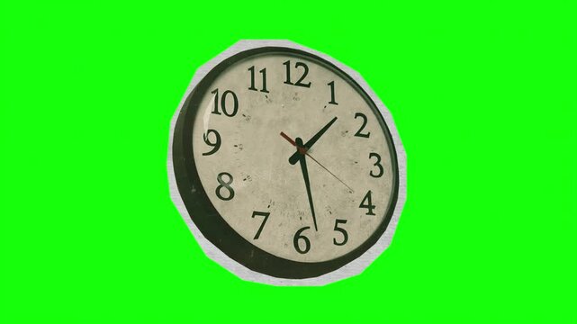 Vintage analog wall clock with spinning hands on green screen, timelapse of ticking clock face, fast motion time passing concept for video editing
