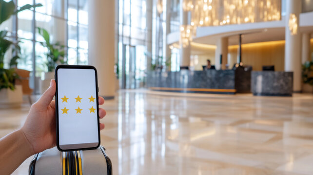 Hotel guest using smartphone feedback form in modern lobby with suitcase, reception desk and copy space