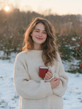 Smiling Young Woman in Cozy Knitted Sweater Holding Red Mug Outdoors in Winter