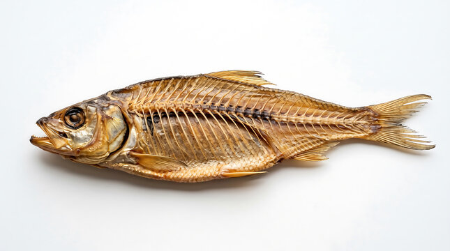 Dried fish skeleton with visible ribs and fins on white background