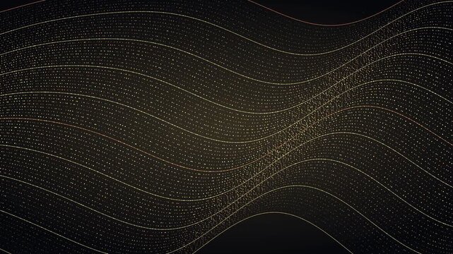 Abstract animation featuring dark, flowing waves composed of golden particles and fine threads. A premium particle fabric texture ideal for luxury backgrounds or tech visualizations.