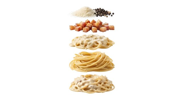Exploded view of Spaghetti Carbonara ingredients and pasta layers isolated on white background, professional culinary food photography concept