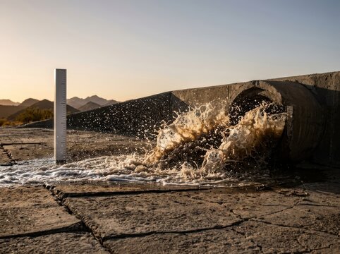 Outfall drainage releasing floodwater into a concrete channel at sunset