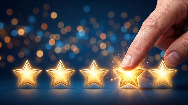 Hand selecting glowing star rating with sparkles background