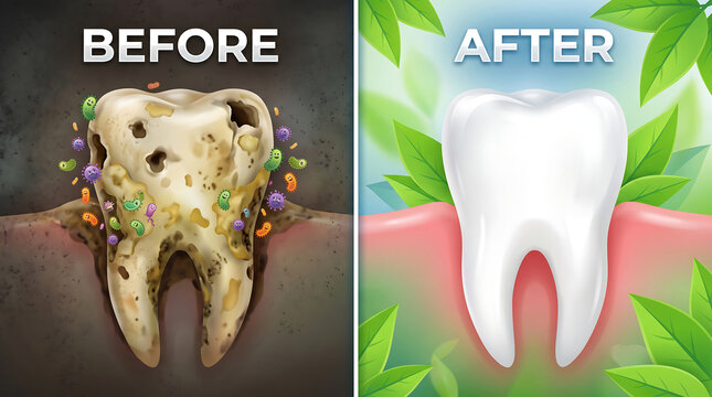 Healthy tooth transformation showing decay removal and restoration process