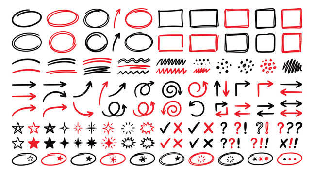 A diverse collection of hand drawn icons including circles squares lines spirals stars and question marks presented in a chaotic arrangement