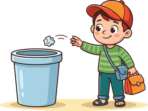vecor illustration of boys throw garbage in its place to maintain cleanliness