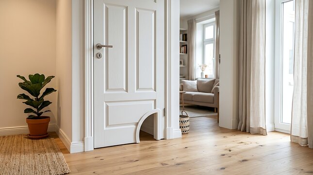 Interior doorway with pet door, modern wooden floor and living room