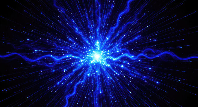 A vibrant, energetic explosion of blue light radiates outward from a central point.