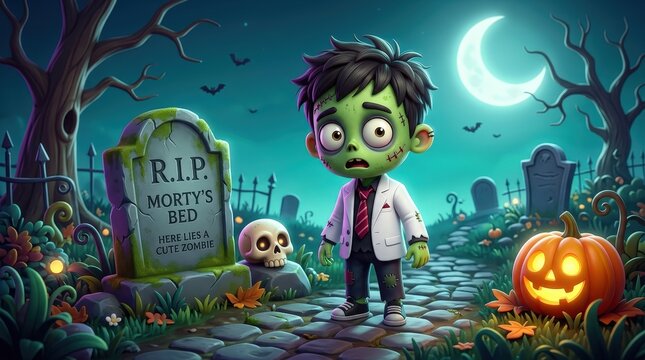Cute green zombie boy wearing suit in a spooky halloween graveyard