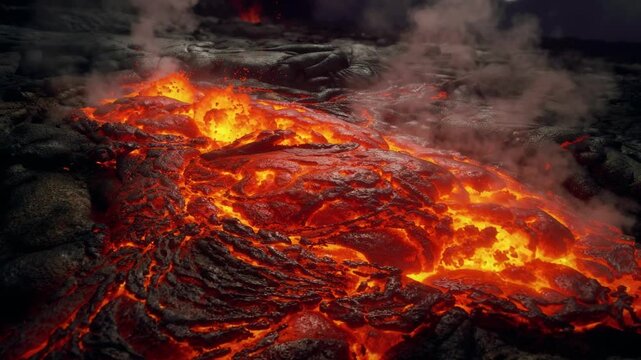 Molten Lava Flows Across Rugged Volcanic Terrain at Night with Glowing Surface and Rising Steam
