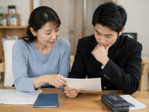 受験,受験相談,親子,親子相談,進学,進路,進路相談,受験生,学生,子ども,親,母親,父親,家族,高校受験,大学受験,中学受験,入試,入学試験,志望校,学校選び,大学選び,高校選び,進学先,受験勉強,勉強,学習,成績,偏差値,模試,塾,学習塾,予備校,教育,教育費,学費,進学費用,奨学金,将来,将来設計,進路選択,話し合い,相談,自宅,リビング,日本人家族,日本人学生,写真素材,教育イメージ
