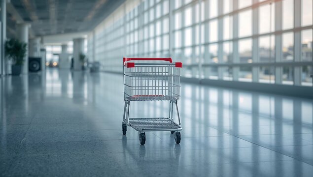 Generative AI captures an empty shopping cart resting in a spacious, modern airport terminal
