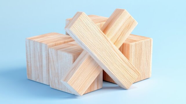 Wooden cubes forming checkmark symbol on pastel blue background with copy space for survey completion concept