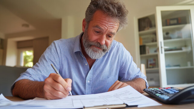 Adult Caucasian male completing personal loan application with calculator and bank brochures in living room