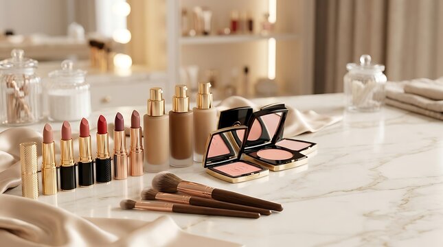 Collection of makeup products and brushes on a vanity table in a bright room. high-end makeup sale
