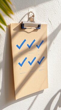 Minimal paper checklist with blue checkmarks on clipboard hook against pale beige wall with natural window light