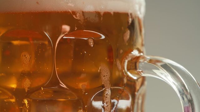 Close-up of a chilled beer mug filled with light lager, with iridescent foam and condensation on the glass. High quality 4k footage