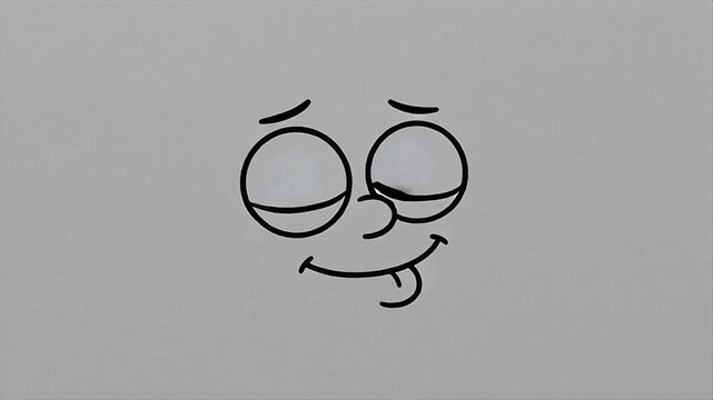 Black and white simple cartoon face with large round eyes, curved eyebrows, and a smiling mouth on a white background