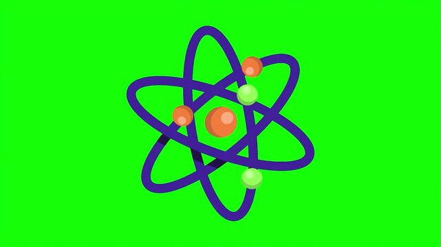 Stylized atom model animation on green screen background, scientific nuclear physics icon, colorful orbiting electrons and nucleus graphic