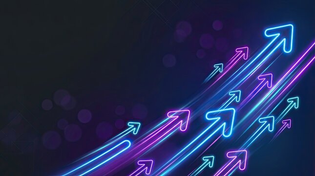 Neon pink and purple arrows streak across a dark, abstract background of blurred circles and lines. The arrows point upwards, suggesting growth and progress.