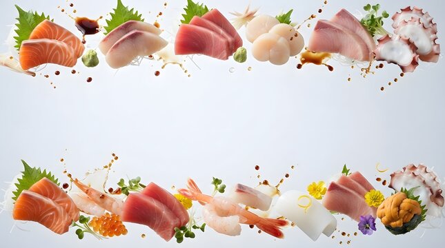 Fresh Japanese Sashimi Assortment Floating with Soy Sauce Splashes and Garnishes on a Clean White Background for Restaurant Menu Design