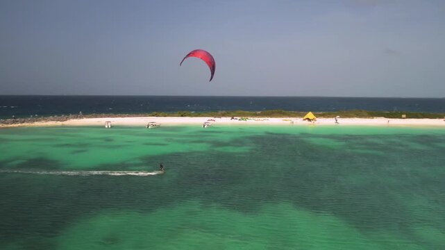 Aerial view of kitesurfer in Los Roques archipelago, Venezuela.