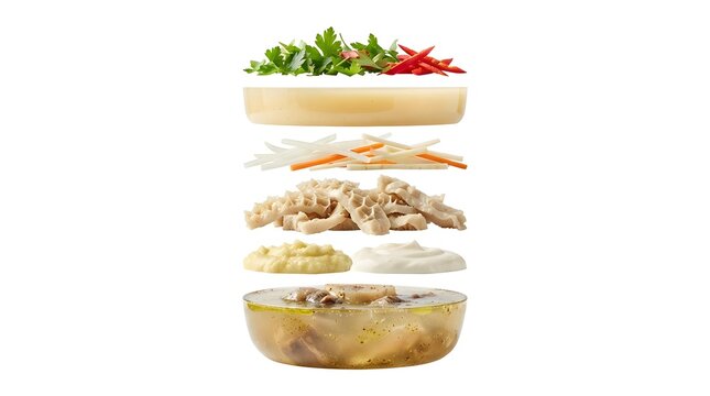 Exploded View of Traditional Romanian Ciorba de Burta Ingredients Floating on White Background, Tripe Soup Preparation Concept, Food Photography