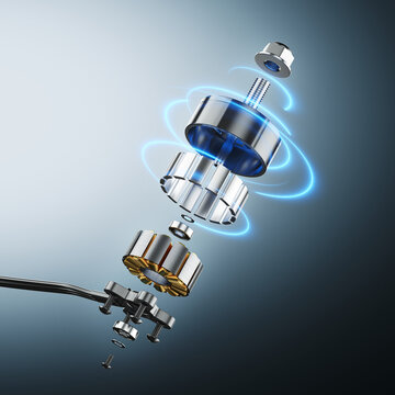 Modern brushless electric motor for drones disassembled. Exploded diagram of brushless electric motor. 3d illustration
