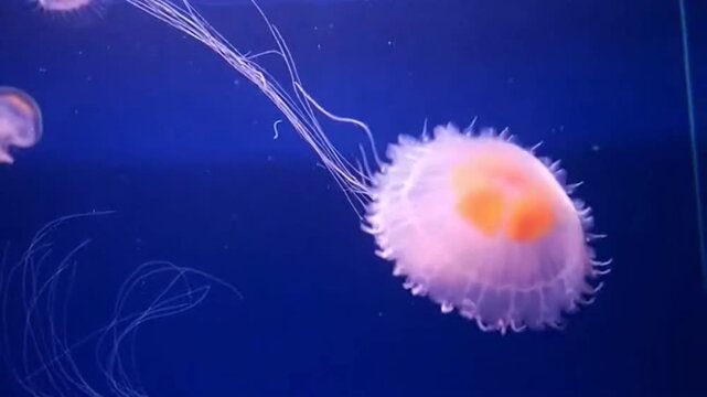 Jellyfish swimming in dark blue water with tentacles trailing