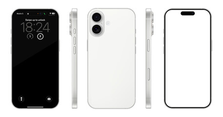Naklejka premium Detailed white mobile phone mockup. Front, rear and side view isolated on transparent background. Vector PNG