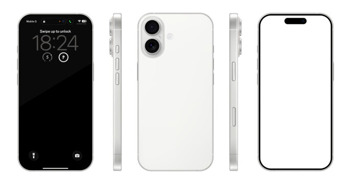 Detailed white mobile phone mockup. Front, rear and side view isolated on transparent background. Vector PNG
