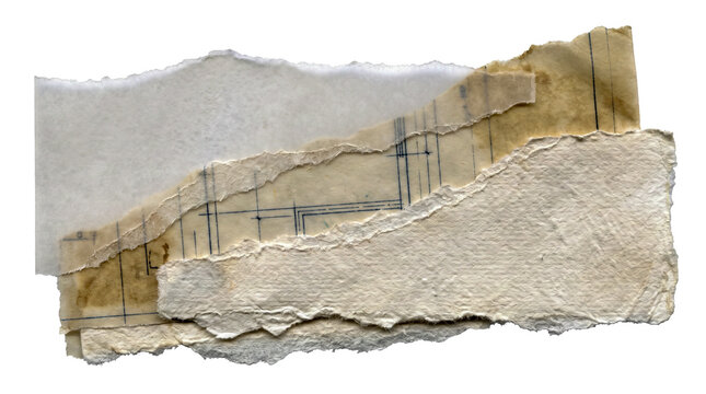 Torn Paper Collage Element, Overlapping Ripped Edges Translucent Vellum Architectural Tracing Paper Rough Cotton Paper, Isolated on Clear Transparent Background