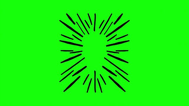 Hand-drawn black sunburst animation on green screen, comic style burst effect, dynamic radial lines for video transitions and motion graphics