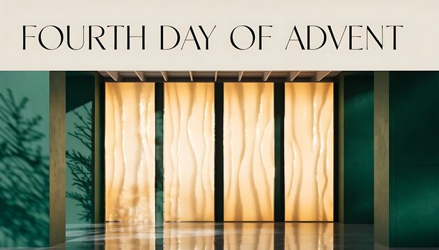 Modern Interior with Fourth Day of Advent Banner and Textured Panels Keywords: advent, fourth day of advent, banner, modern interior, textured panels, gold, green, elegant, design, contemporary