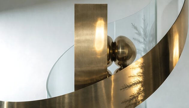 Abstract Brass and Glass Sculpture with Reflected Pine Tree Shadows metal