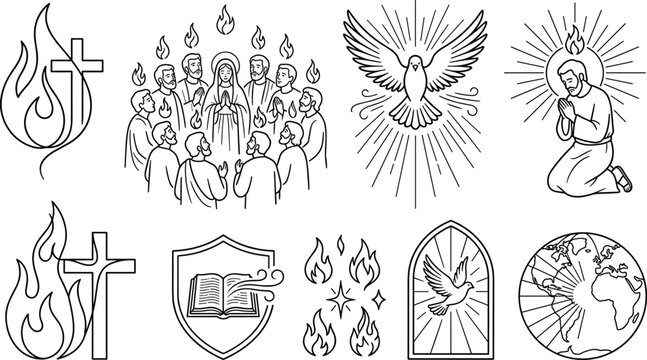 Christian Pentecost Holy Spirit Line Icon Vector Set Featuring Virgin Mary Apostles Tongues of Fire Flaming Cross Dove Praying Disciple and Bible Elements