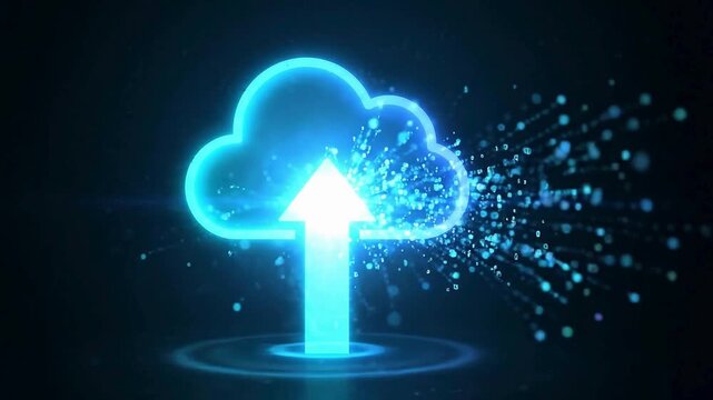 Digital cloud computing concept with data flow and upward arrow