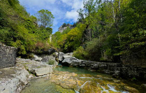 serene rocky riverbed flowing through a forest landscape with a ground-level perspective and natural green and blue tones, nature photography and outdoor recreation.