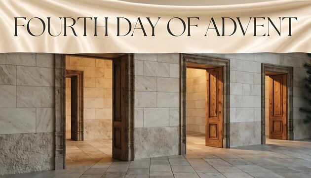 Four open doorways in a stone hallway with a banner reading Fourth Day of Advent christmas holiday