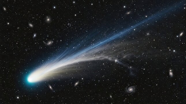 A brilliant comet streaks across a vast, dark expanse of space, leaving a luminous blue tail behind it.