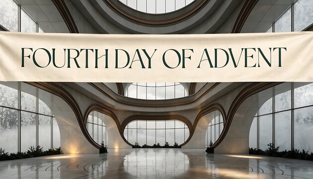 Modern architectural interior with a banner reading Fourth Day of Advent and snowy trees outside christmas