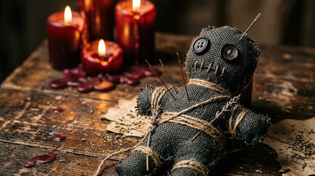Dark grey fabric voodoo doll with metallic needles and button eyes