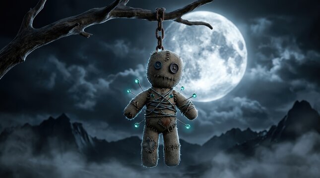 Stitched voodoo doll with glowing pins hanging from metal chain