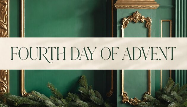 Rich green wall with gold ornate details and pine branches with a banner reading Fourth Day of Advent